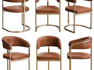 Elegant Modern Brown Leather Leisure Chairs With Gold Metal Frame And Stylish Design 3d model