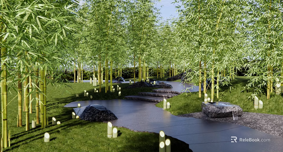 Tranquil Park Landscape With Bamboo Grove Stone Pathway Green Lawn And Decorative Lights 3d model 