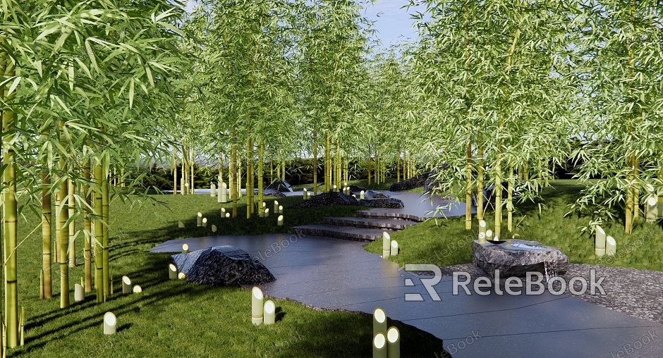 New Chinese Style Park Bamboo Forest Park Landscape Bamboo Forest with Road Bamboo Downlight Forest Space Garden Road Ice Crack Slab Road Landscape Stone model