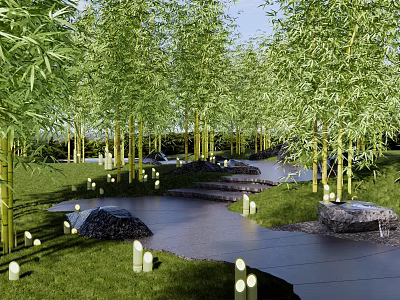 Tranquil Park Landscape With Bamboo Grove Stone Pathway Green Lawn And Decorative Lights 3d model