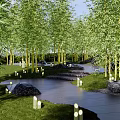 Tranquil Park Landscape With Bamboo Grove Stone Pathway Green Lawn And Decorative Lights