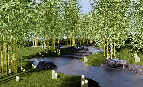 New Chinese Style Park Bamboo Forest Park Landscape Bamboo Forest with Road Bamboo Downlight Forest Space Garden Road Ice Crack Slab Road Landscape Stone 3d model