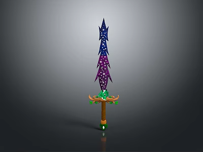 Fantasy Sword Weapon Design Featuring Purple Blue Star Pattern Green Accents And Wooden Handle 3d model