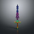 Fantasy Sword Weapon Design Featuring Purple Blue Star Pattern Green Accents And Wooden Handle