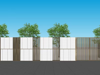 Modern Landscape Feature Wall With White Panels And Wooden Slats Against Trees And Blue Sky 3d model
