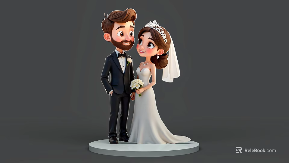 Bride And Groom Wearing Wedding Attire With White Gown Veil Tiara Bouquet And Suit 3d model 