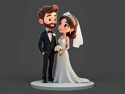 Bride And Groom Wearing Wedding Attire With White Gown Veil Tiara Bouquet And Suit 3d model