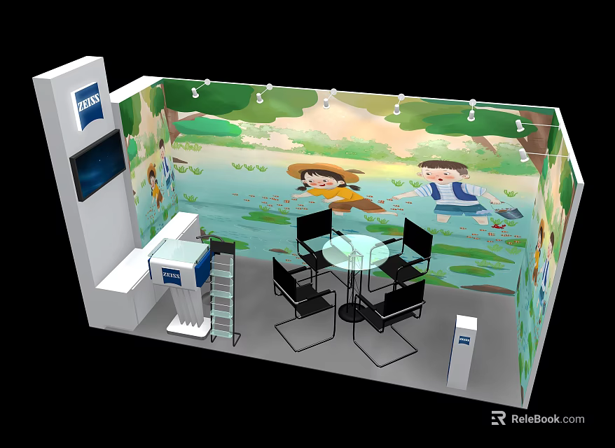 Colorful Exhibition Booth With Green Nature Backdrop Cartoon Characters Tables Chairs And Display Screen 3d model 