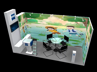 Colorful Exhibition Booth With Green Nature Backdrop Cartoon Characters Tables Chairs And Display Screen 3d model