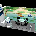 Colorful Exhibition Booth With Green Nature Backdrop Cartoon Characters Tables Chairs And Display Screen