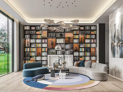 Modern Duplex Living Room With Bookcase Sofa Round Rug And Chandelier 3d model