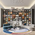 Modern Duplex Living Room With Bookcase Sofa Round Rug And Chandelier