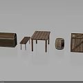 Rustic Wooden Scene Components With Chest Table Stool And Barrel