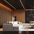 Modern Living Room Interior With Marble Wall White Sofas Plants And Linear Lights 3d model