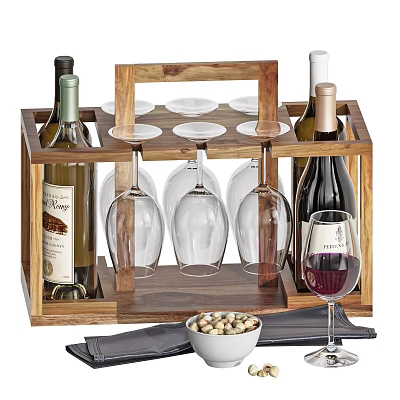 Wooden Wine Rack With Wine Bottles Glasses Nuts And Napkins 3d model