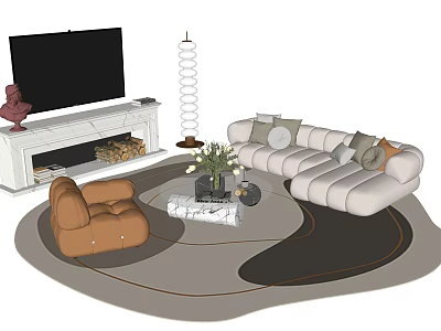 Modern Living Room Sofa Coffee Table Set With TV Fireplace Armchair And Pillows 3d model