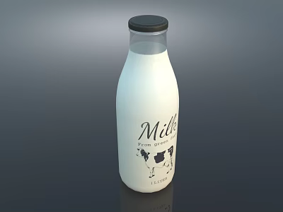 Milk Bottle with White Body Black Cap and Label Featuring Milk Text Cow Illustration 3d model