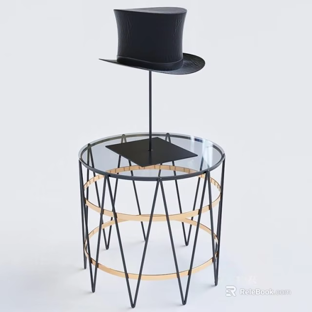 Stylish Table Lamp Placed On Round Glass Table With Black Gold Metal Base 3d model 