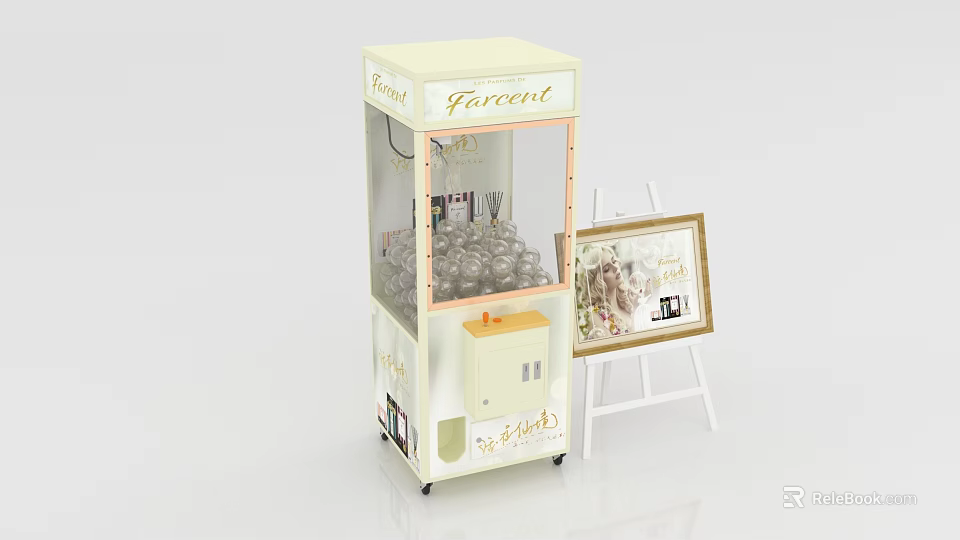Gashapon Machine With Transparent Window Next To Easel Holding Decorative Picture Frame 3d model 