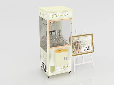 Gashapon Machine With Transparent Window Next To Easel Holding Decorative Picture Frame 3d model