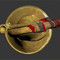 Shiny Golden Trumpet Musical Instrument With Painted Red Blue Striped Decorations And Reflection