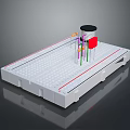 Modern White TV Stand Featuring Grid Surface Colorful Components And Black Circular Object 3d model