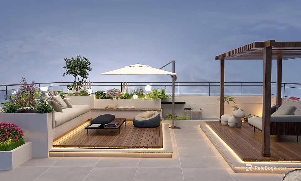 Relaxing Roof Garden Outdoor Space With Sofa Coffee Table Umbrella And Green Plants 3d model 