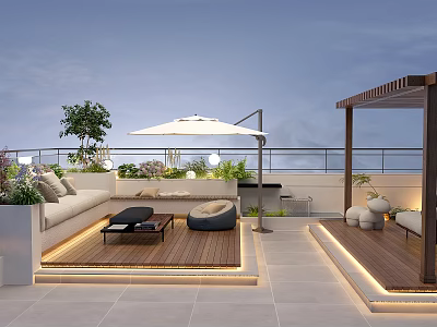 Relaxing Roof Garden Outdoor Space With Sofa Coffee Table Umbrella And Green Plants 3d model