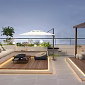 Relaxing Roof Garden Outdoor Space With Sofa Coffee Table Umbrella And Green Plants