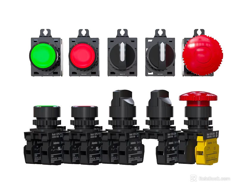 Diverse Switch Panels With Colored Buttons Rotary Knobs And Emergency Stop Functions 3d model 