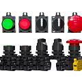 Diverse Switch Panels With Colored Buttons Rotary Knobs And Emergency Stop Functions