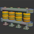 Industrial Equipment With Yellow Cylindrical Components On Metal Frame And Support Brackets