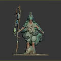 Teal Mythical Character With Creature Features Holding Staff On Patterned Base 3d model