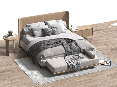 Double Bed with Wooden Headboard Pillows Bench and Throw Blanket on Wooden Floor Gray Rug 3d model