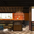 Modern Restaurant Interior With Wooden Tables Blue Chairs Hanging Lamps And Bamboo Decorations