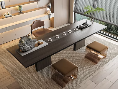 Modern Wooden Tea Table And Chairs With Tea Sets Stone Decor And Window View 3d model