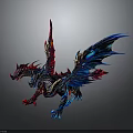 Mythical Dragon Character With Red And Blue Wings Flying In Dark Background