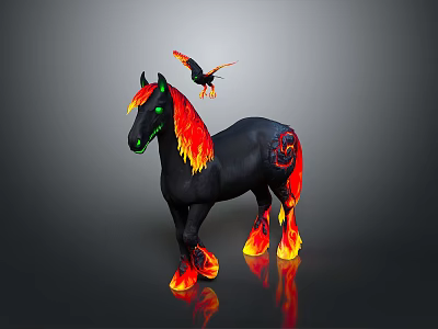 Black Horse With Flaming Mane Tail Hooves And Flying Black Bird Beside 3d model