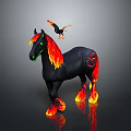 Black Horse With Flaming Mane Tail Hooves And Flying Black Bird Beside