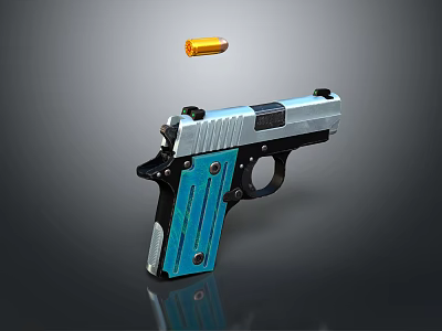 Blue Grip Silver Barrel Pistol With Flying Bullet In Mid Air Design 3d model