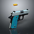 Blue Grip Silver Barrel Pistol With Flying Bullet In Mid Air Design