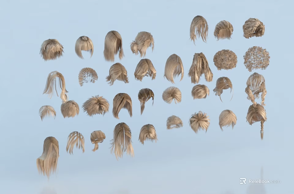 Various Style Light Brown Golden Wigs With Curly Straight Braided Hairstyles On Blue Background 3d model 