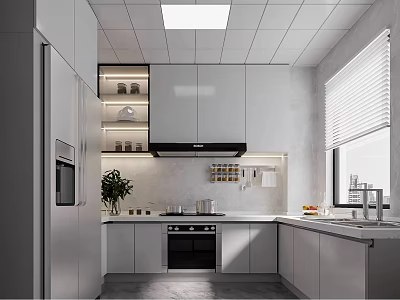 Modern Kitchen Interior With White Cabinets Stainless Steel Refrigerator And Window Blinds 3d model