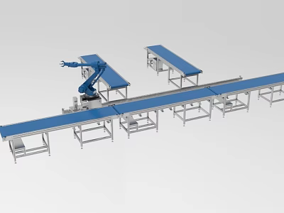 Industrial Equipment Production Line With Robotic Arm And Blue Conveyor Belts 3d model
