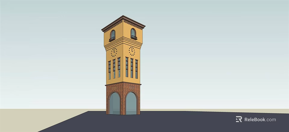Classic Yellow and Brown Clock Tower with Arch Doors and Windows 3d model 