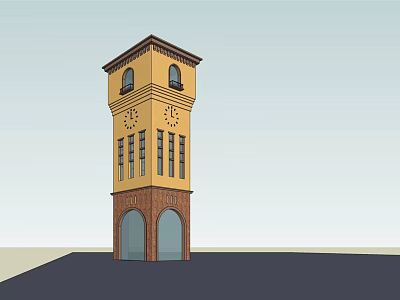 Classic Yellow and Brown Clock Tower with Arch Doors and Windows 3d model