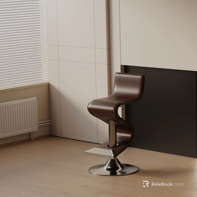 Modern Brown Bar Stool With Metal Base In Interior Light Walls And Window 3d model 