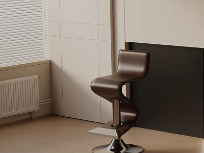 Modern Brown Bar Stool With Metal Base In Interior Light Walls And Window 3d model