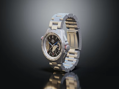 Stylish Wrist Watch With Silver Stainless Steel Strap And Black Dial 3d model