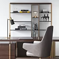 Gray Upholstered Accent Chair In Modern Luxury Office With Wooden Desk And Brass Bookshelf